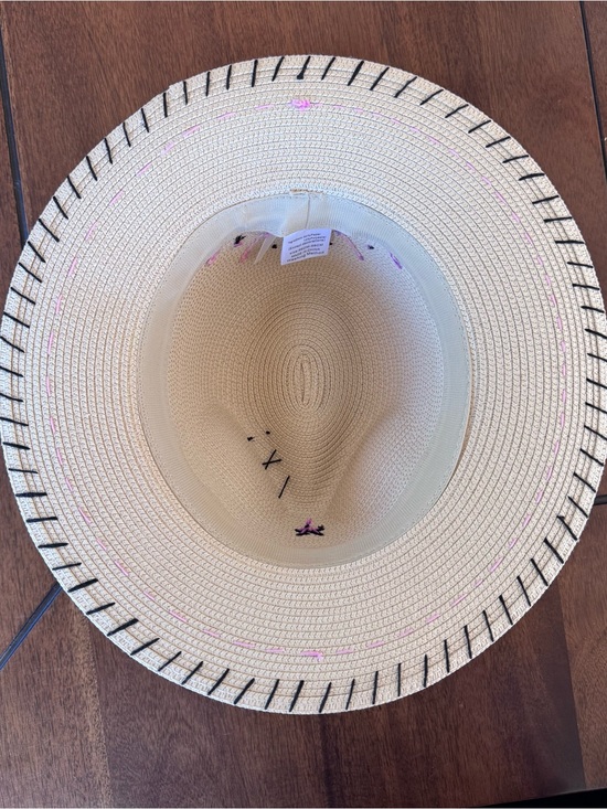Hand Embroidered Straw Fedora Hat with Pink Accents main image 2